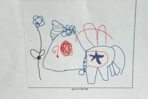 Unicorn, with wings wearing a necklace, smelling a flower. Drawn on computer.