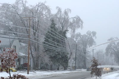 Down the street, ice on electric wires
